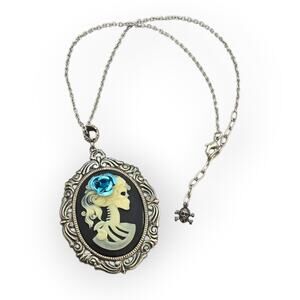 Skeleton Cameo Blue Rose Pendant Necklace Statement Gothic Victorian Style